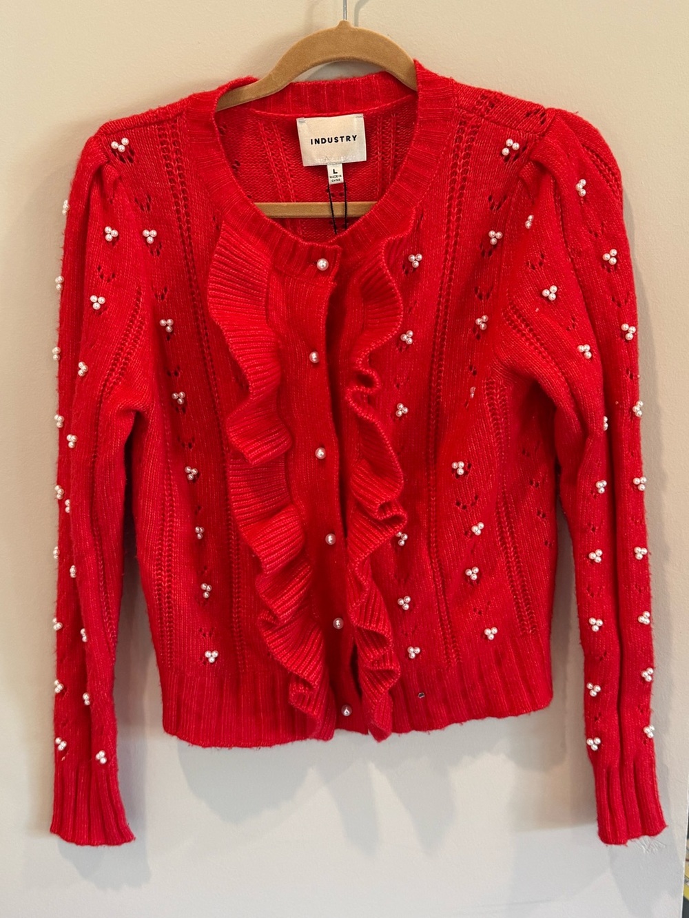 NWT Industry Red Ruffled Cardigan with Pearl Details | Size Large